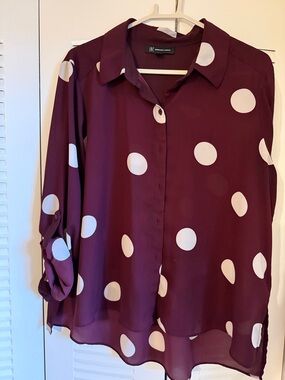 INC International Concepts Burgundy and White Polka Dot Button-Down Shirt